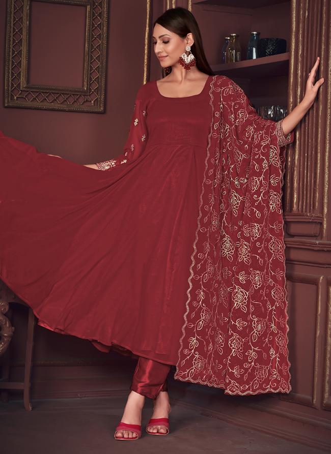 Georgette Red Casual Wear Embroidery Work Readymade Anarkali Suit